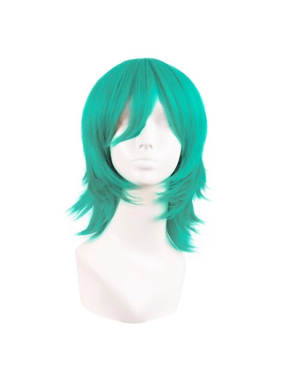 Women's Teal Green 14 Inch Short Wolf Tail Side Synthetic Curly Wig Bangs